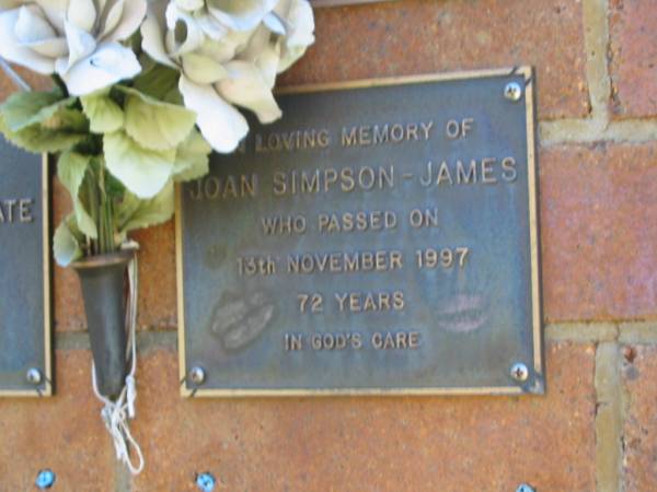 Joan Simpson JAMES,  | died 13 Nov 1997 aged 72 years;  | Bribie Island Memorial Gardens, Caboolture Shire  | 