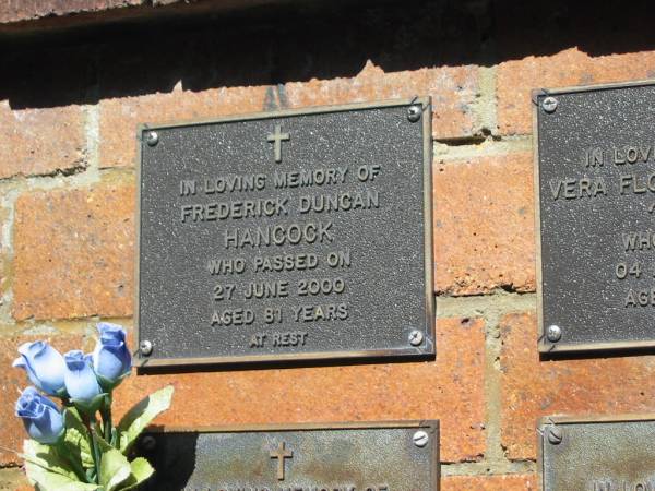 Frederck Duncan HANCOCK,  | died 27 June 2000 aged 81 years;  | Bribie Island Memorial Gardens, Caboolture Shire  | 