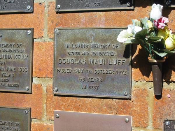 Douglas Maui LUFF,  | father grandfather,  | died 7 Oct 1972 aged 56 years;  | Bribie Island Memorial Gardens, Caboolture Shire  | 