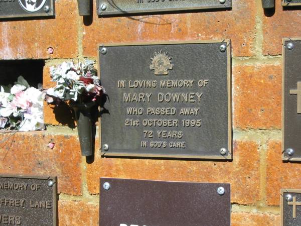 Mary DOWNEY,  | died 21 Oct 1995 aged 72 years;  | Bribie Island Memorial Gardens, Caboolture Shire  | 