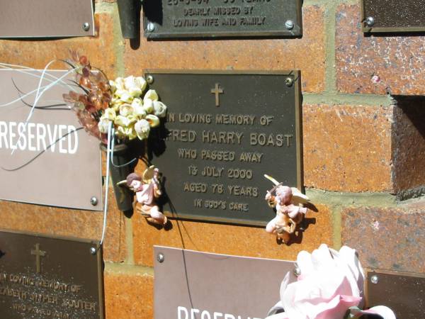 Alfred Harry BOAST,  | died 13 July 2000 aged 78 years;  | Bribie Island Memorial Gardens, Caboolture Shire  | 