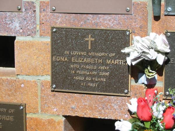 Edna Elizabeth MARTIN,  | died 14 Feb 2006 aged 80 years;  | Bribie Island Memorial Gardens, Caboolture Shire  | 