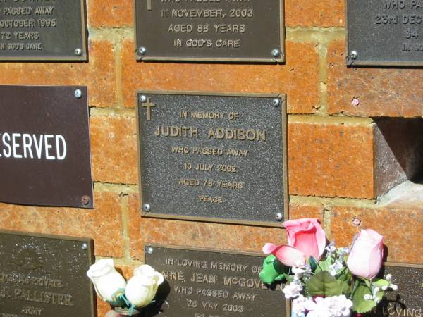 Judith ADDISON,  | died 10 July 2002 aged 78 years;  | Bribie Island Memorial Gardens, Caboolture Shire  | 