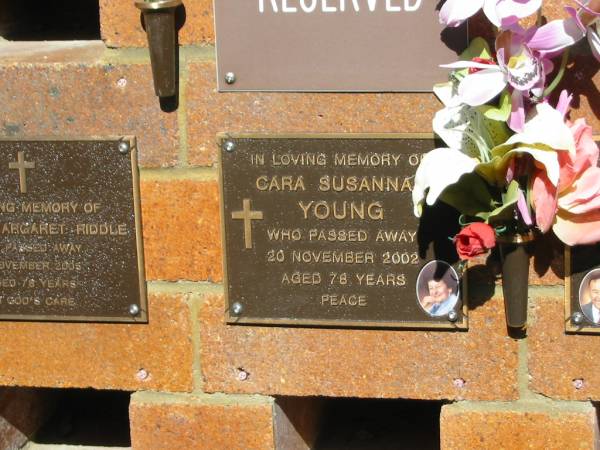 Cara Susanna YOUNG,  | died 20 Nov 2002 aged 78 years;  | Bribie Island Memorial Gardens, Caboolture Shire  | 