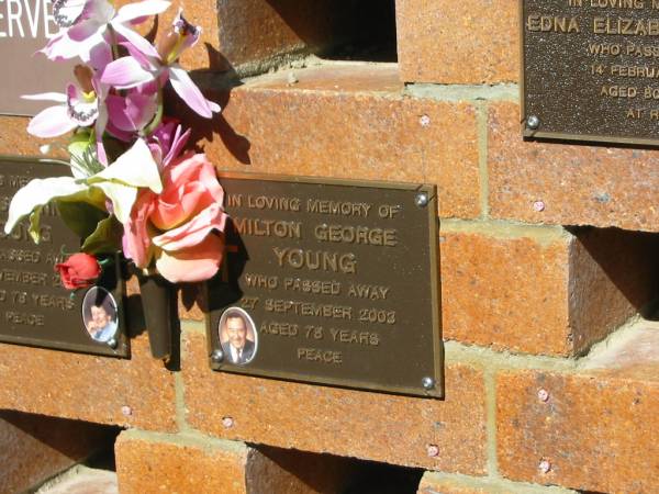Milton George YOUNG,  | died 27 Sept 2003 aged 78 years;  | Bribie Island Memorial Gardens, Caboolture Shire  | 