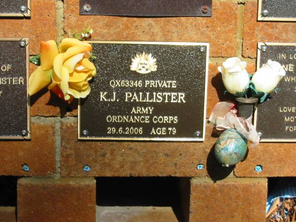 K.J. PALLISTER,  | died 29-6-2006 aged 79 years;  | Bribie Island Memorial Gardens, Caboolture Shire  | 