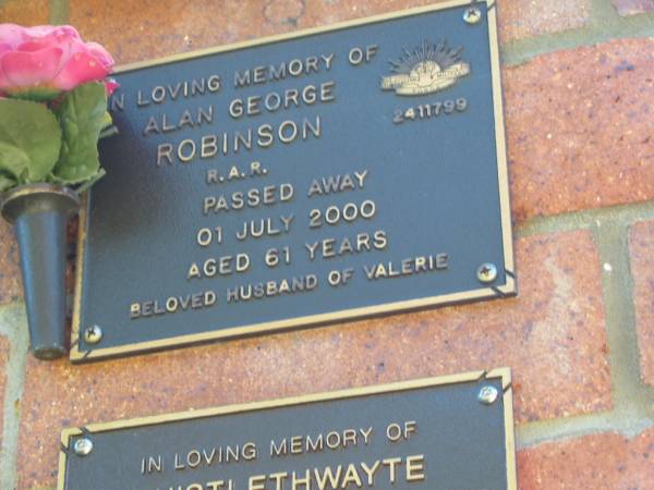 Alan George ROBINSON,  | died 1 July 2000 aged 61 years,  | husband of Valerie;  | Bribie Island Memorial Gardens, Caboolture Shire  | 