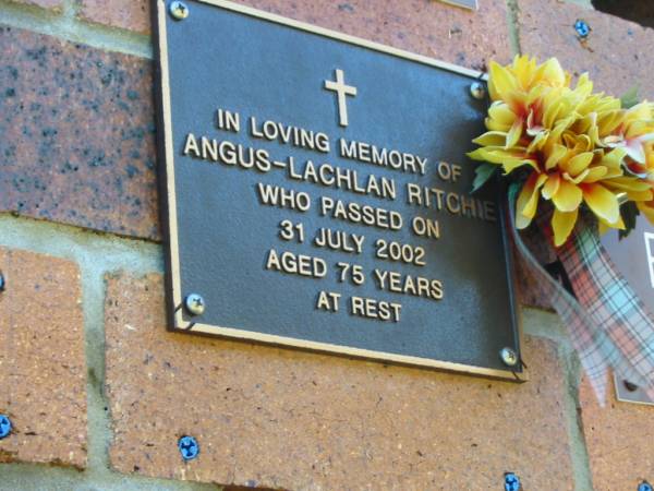 Angus-Lachlan RITCHIE,  | died 31 July 2002 aged 75 years;  | Bribie Island Memorial Gardens, Caboolture Shire  | 