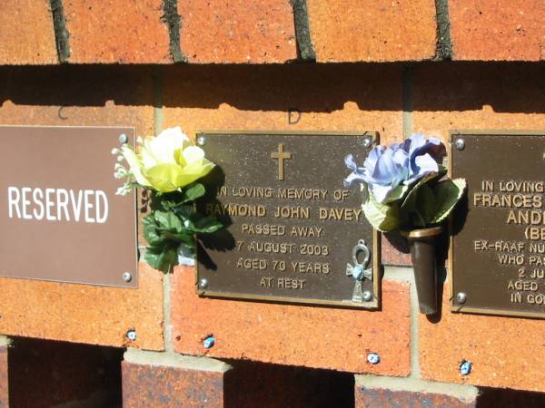 Raymond John DAVEY,  | died 7 Aug 2003 aged 70 years;  | Bribie Island Memorial Gardens, Caboolture Shire  | 