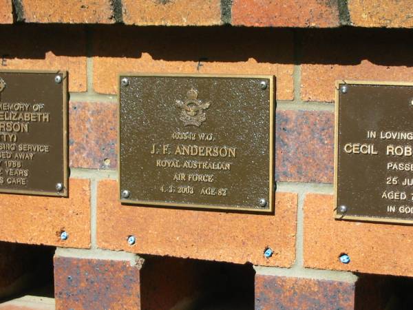 J.F. ANDERSON,  | died 4-3-2003 aged 82 years;  | Bribie Island Memorial Gardens, Caboolture Shire  | 