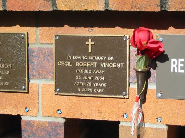Cecil Robert VINCENT,  | died 25 June 2004 aged 79 years;  | Bribie Island Memorial Gardens, Caboolture Shire  | 