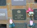 K.C. RAISON,
died 23-5-2002 aged 59 years;
Bribie Island Memorial Gardens, Caboolture Shire