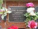 June Elizabeth LAMOND,
died 13 Dec 2002 aged 74 years;
Bribie Island Memorial Gardens, Caboolture Shire