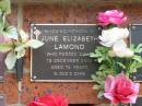 
June Elizabeth LAMOND,
died 13 Dec 2002 aged 74 years;
Bribie Island Memorial Gardens, Caboolture Shire
