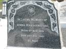 
Anna KRASCHNEFSKI,
born 5 Nov 1908 died 26 Aug 1943;
Apostolic Church of Queensland, Brightview, Esk Shire
