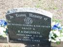 
Ernst K. RASMUSSEN,
died 3-5-85 aged 72,
husband father;
Apostolic Church of Queensland, Brightview, Esk Shire
