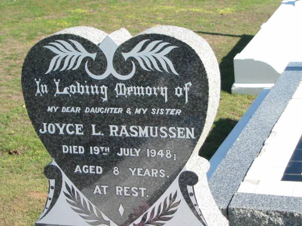 Joyce L. RASMUSSEN,  | died 19 July 1948 aged 8 years,  | daughter sister;  | Apostolic Church of Queensland, Brightview, Esk Shire  | 