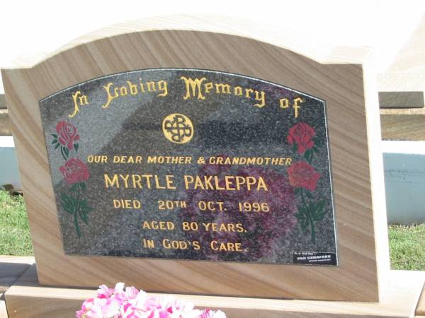 Myrtle PAKLEPPA,  | died 20 Oct 1996 aged 80 years,  | mother grandmother;  | Apostolic Church of Queensland, Brightview, Esk Shire  |