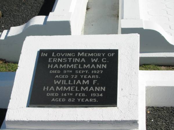 Ernstina W.C. HAMMELMAN,  | died 9 Sept 1927 aged 72 years;  | William F. HAMMELMAN,  | died 14 Feb 1934 aged 82 years;  | Apostolic Church of Queensland, Brightview, Esk Shire  | 