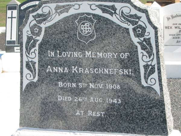 Anna KRASCHNEFSKI,  | born 5 Nov 1908 died 26 Aug 1943;  | Apostolic Church of Queensland, Brightview, Esk Shire  | 