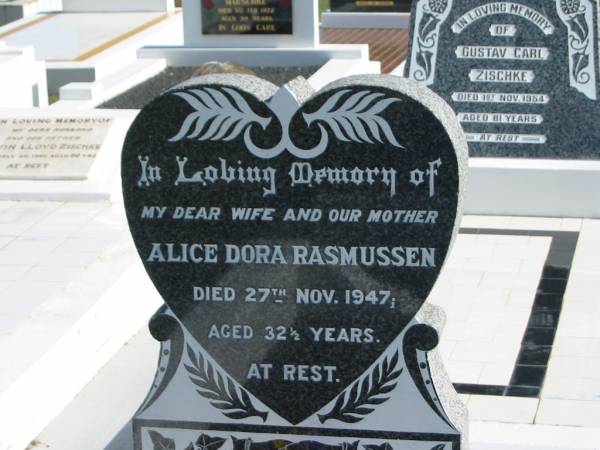 Alice Dora RASMUSSEN,  | died 27 Nov 1947 aged 32 1/2 years,  | wife mother;  | Apostolic Church of Queensland, Brightview, Esk Shire  | 