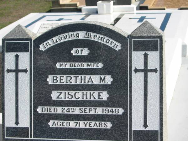 Bertha M. ZISCHKE,  | died 24 Sept 1948 aged 71 years,  | wife;  | Apostolic Church of Queensland, Brightview, Esk Shire  | 