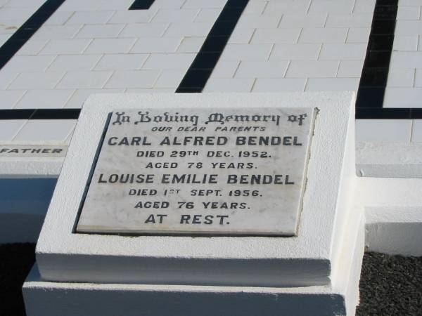 parents;  | Carl Alfred BENDEL,  | died 29 Dec 1952 aged 78 years;  | Louise Emilie BENDEL,  | died 1 Sept 1956 aged 76 years;  | Apostolic Church of Queensland, Brightview, Esk Shire  | 