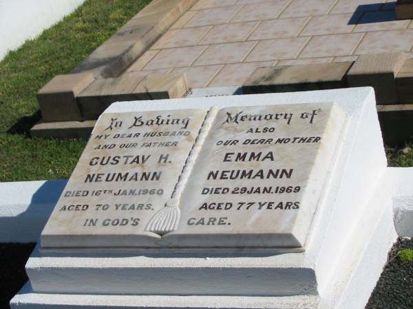 Gustav H. NEUMANN,  | died 16 Jan 1960 aged 70 years,  | husband father;  | Emma NEUMANN,  | died 29 Jan 1969 aged 77 years,  | mother;  | Apostolic Church of Queensland, Brightview, Esk Shire  | 