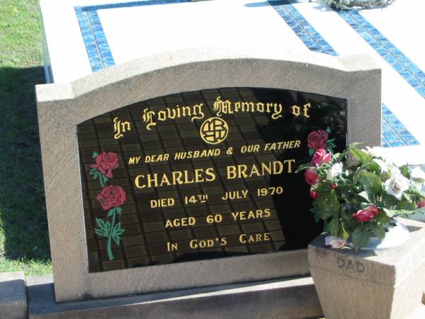 Charles BRANDT,  | died 14 July 1970 aged 60 years,  | husband father;  | Apostolic Church of Queensland, Brightview, Esk Shire  | 