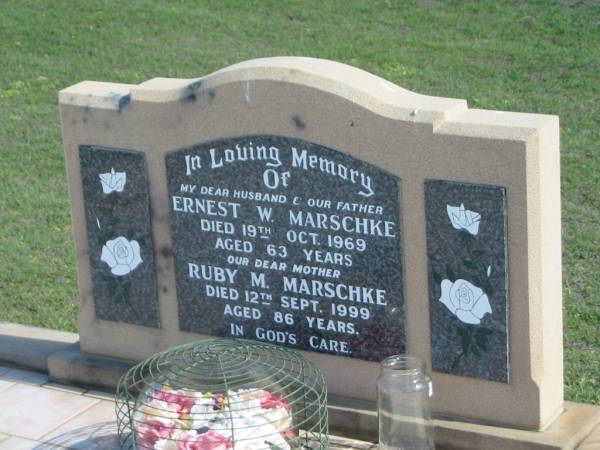 Ernest W. MARSCHKE,  | died 19 Oct 1969 aged 63 years,  | husband father;  | Ruby M. MARSCHKE,  | died 12 Sept 1999 aged 86 years,  | mother;  | Apostolic Church of Queensland, Brightview, Esk Shire  | 