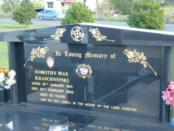 Dorothy Mae KRASCHNEFSKI,  | born 18 Jan 1941 died 26 Feb 2003 aged 62 years;  | Apostolic Church of Queensland, Brightview, Esk Shire  | 