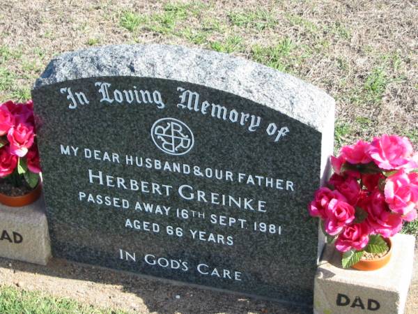 Herbert GREINKE,  | died 16 Sept 1981 aged 66 years,  | husband father;  | Apostolic Church of Queensland, Brightview, Esk Shire  | 