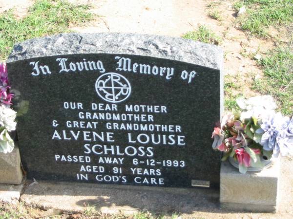 Alvene Louise SCHLOSS,  | died 6-12-1993 aged 91 years,  | mother grandmother great-grandmother;  | Apostolic Church of Queensland, Brightview, Esk Shire  | 