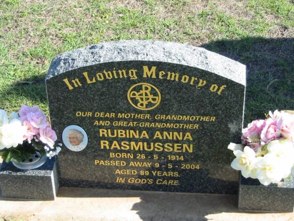 Rubina Anna RASMUSSEN,  | born 26-5-1914 died 9-5-2004 aged 89 years,  | mother grandmother great-grandmother;  | Apostolic Church of Queensland, Brightview, Esk Shire  | 
