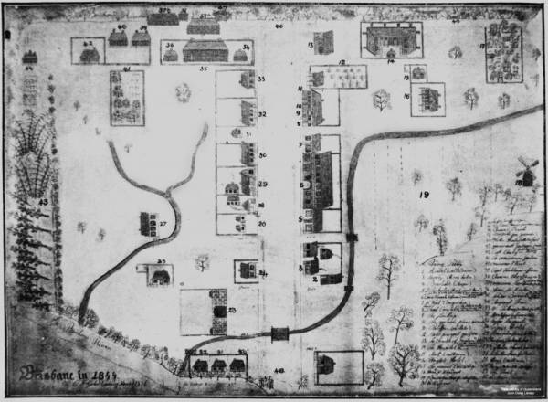 Brisbane 1844. (Is that really 1833?)  | 1 (lower centre right) Andrew Petrie  | 17 (top right) The General Cemetery  | 48 (top right (left of 17)) The First Tombstones (two graves)  | 18 (centre right) Tread and windmill  | 37 (top centre) Commission Stores  | 43 (left) Government gardens  | 46 (centre running top to bottom) Queen Street  |   | 