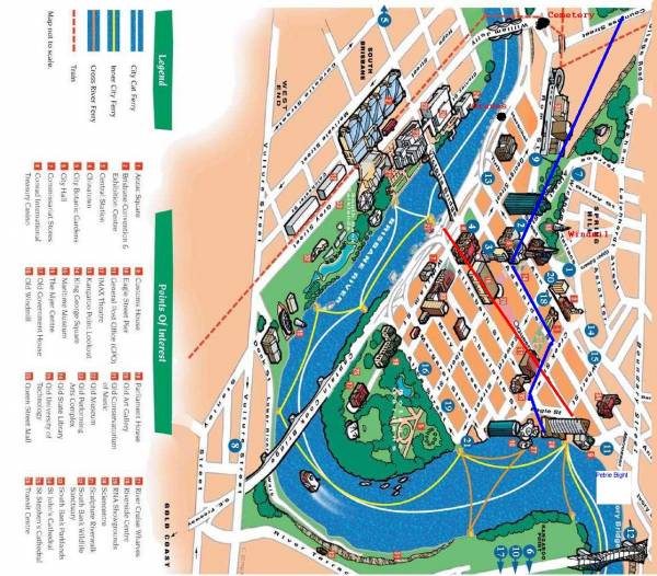 Compare to Brisbane 1844 (1833) map  | Approx location of General cemetery near Skew street at end of William Jolly bridge  | Approx location of early graves near Herschel street.  | Windmill and Commissariat Stores remain.  | 