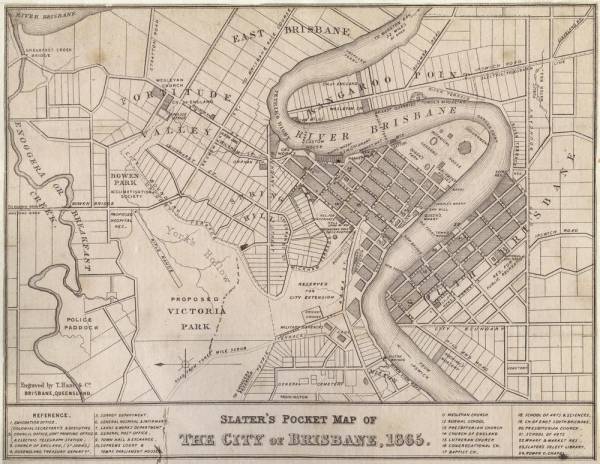 Brisbane 1865 - Slater's pocket map of the City of Brisbane.  | Paddington  General Cemetery   | West End Cemetery.  | 