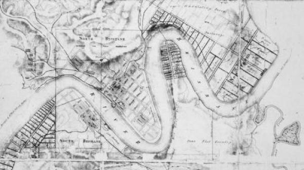 Brisbane 1844 Martens  | Paddington cemetery on left (with creek to south)  | West End/South Brisbane cemetery just in on lower left corner  |   | 