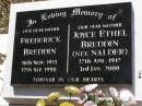Frederick BREDDIN, father, 16 Nov 1915 - 17 Sept 1998; Joyce Ethel BREDDIN (nee NALDER), mother, 27 Apr 1917 - 3 Jan 2000; Brookfield Cemetery, Brisbane 