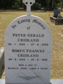 Peter Gerald CRIDLAND, 28-1-1939 - 27-6-2000; Robyn Frances CRIDLAND, 29-3-1944 - 28-6-1999; mum & dad of Michelle, Mark, James & Peter; Brookfield Cemetery, Brisbane 