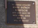 Mary Sidney SIMPSON, 8 Oct 1923 - 14 Apr 2002 aged 78 years; Brookfield Cemetery, Brisbane 