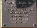 Anne CUMMINS, 1905 - 1999, wife of Alan, mother of Kate, grandmother of Alice & Alan; Brookfield Cemetery, Brisbane 