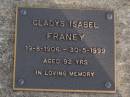 Gladys Isabel FRANEY, 19-8-1906 - 30-5-1999 aged 92 years; Brookfield Cemetery, Brisbane 