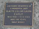 Gladys Lillian Laura EARLY, 19-6-1912 - 19-5-2001 aged 88 years; Brookfield Cemetery, Brisbane 