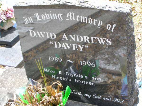 David ANDREWS (Davey),  | 1989 - 1996,  | son of Mike & Glynda,  | brother of Nicola;  | Brookfield Cemetery, Brisbane  | 