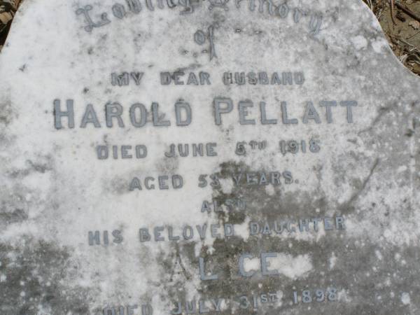 Harold PELLATT, husband,  | died 5 June 1918 aged 53 years;  | Alice, daughter,  | died 31 July 1898 aged 3 years;  | Alfred E. PELLATT,  | died 22 Oct 1939 aged 40 years;  | Alice PELLATT,  | died 14 Jan 1948 aged 82 years;  | Brookfield Cemetery, Brisbane  |   | 