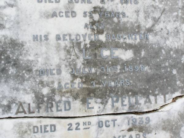 Harold PELLATT, husband,  | died 5 June 1918 aged 53 years;  | Alice, daughter,  | died 31 July 1898 aged 3 years;  | Alfred E. PELLATT,  | died 22 Oct 1939 aged 40 years;  | Alice PELLATT,  | died 14 Jan 1948 aged 82 years;  | Brookfield Cemetery, Brisbane  |   | 
