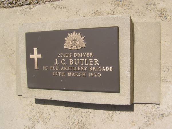 J.C. BUTLER,  | died 27 March 1920;  | Brookfield Cemetery, Brisbane  | 