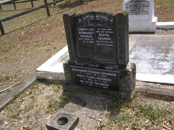 Ernest Leo Bernhardt GRAMENZ,  | 21-9-1886 - 21-3-1969;  | Bertha GRAMENZ, wife mother,  | died 10 Feb 1945 aged 54 years;  | Alexander Hansen GRAMENZ,  | 7-2-1919 - 26-1-1964;  | Perly Clara GRAMENZ,  | 1-10-1921 - 12-2-1972;  | Ida Elsie GRAMENZ,  | 12-8-1917 - 11-1-2001;  | Brookfield Cemetery, Brisbane  | 