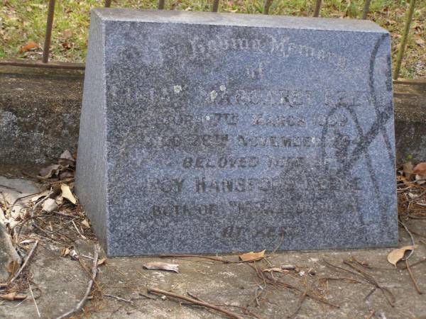 Susan Margaret MOON,  | died 14 Dec 1905 aged 63 years;  | Thomas, husband,  | died 14 Dec 1930 aged 91 years;  | Hope THOMPSON-JONES, granddaughter,  | died 26 Sep 1915 aged 3 years;  | William Richer MOON, son,  | husband of Florence,  | died 13 June 1966 aged 88 years;  | Florence Emily MOON,  | died 2 Feb 1969 aged 86 years;  | Lilian Margaret REEVE,  | born 7 March 1909 died 28 Nov 1994,  | wife of Roy Hansford REEVE,  | both of  Marlborough ;  | Brookfield Cemetery, Brisbane  | 